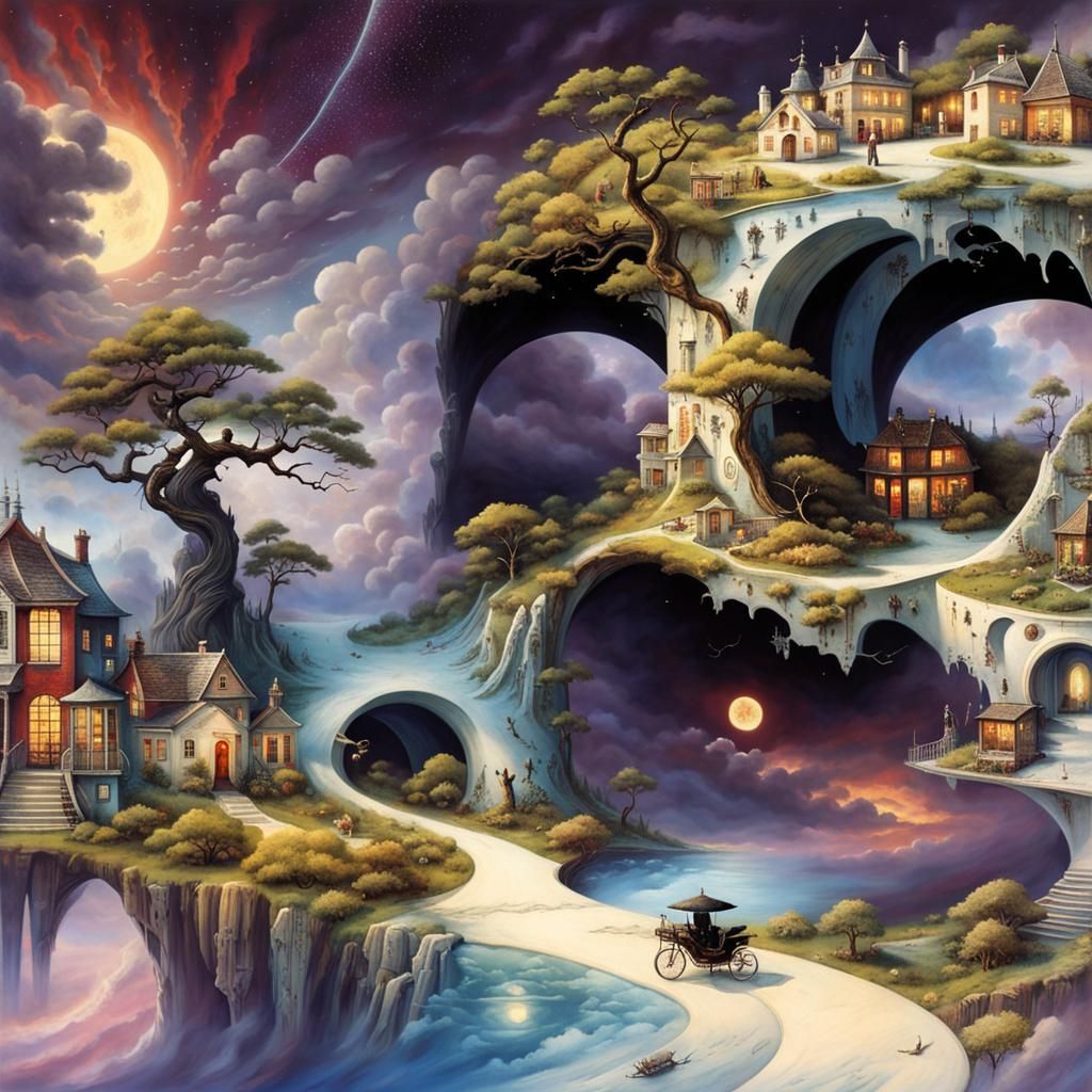 Surreal Stargate Dreamscape with Bonsai and Cottages