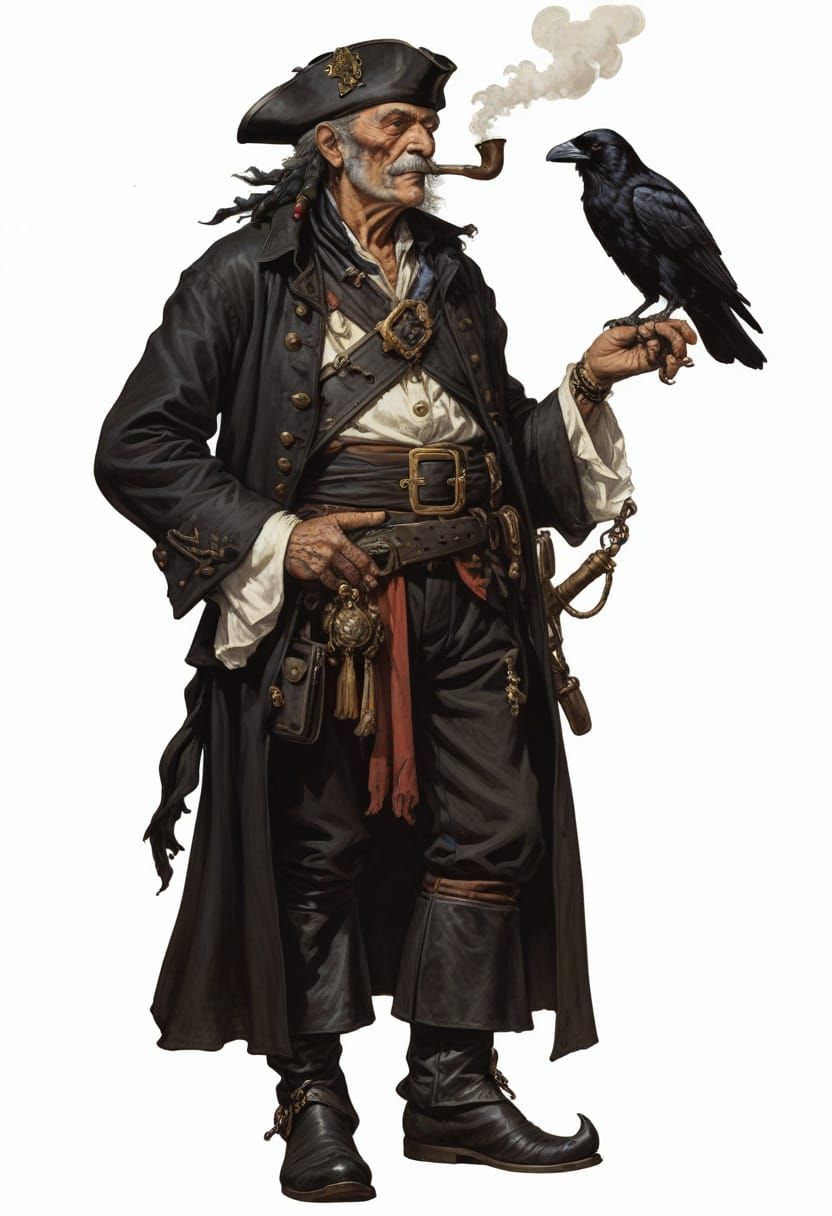 Elderly Pirate and Raven in Vivid 18th Century Style