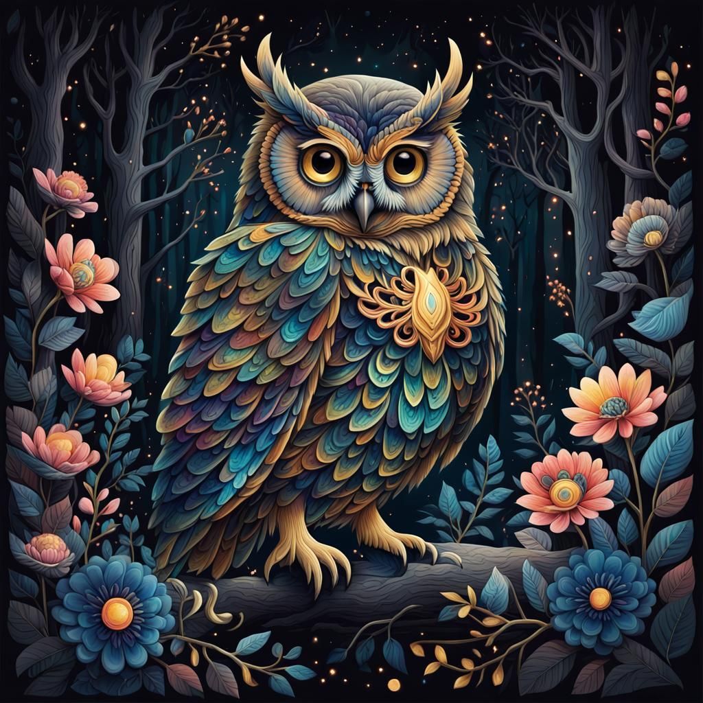Magical Owl in Bioluminescent Forest Gouache