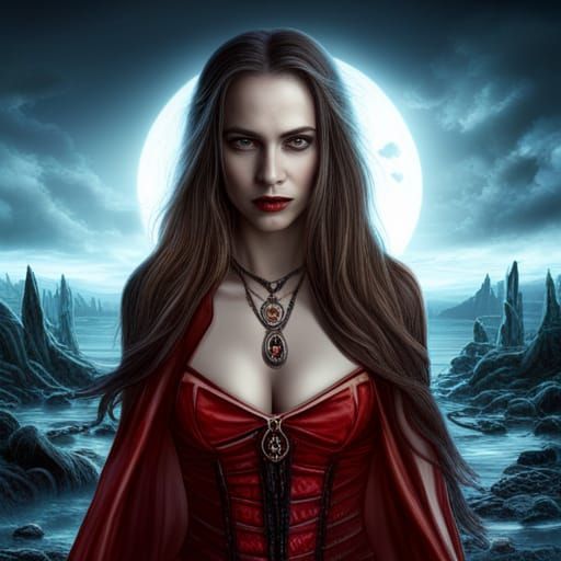 Dramatic Vampire Women with Wolf, Digital Matte Painting