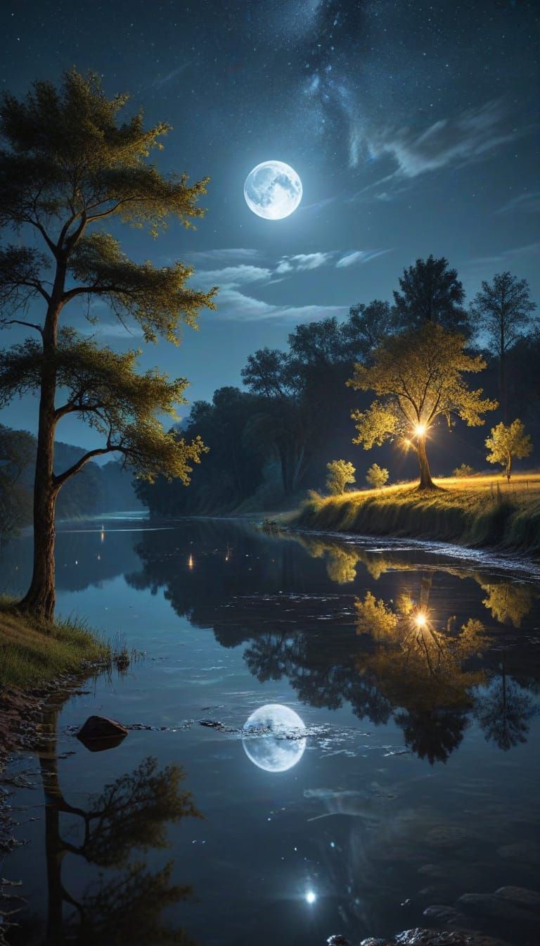 Serene Moonlit River Scene in Vibrant Colors