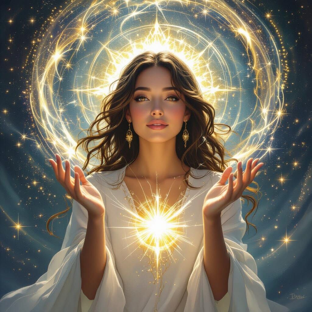 Mystical Lightworker with Golden Aura in Cosmic Vortex