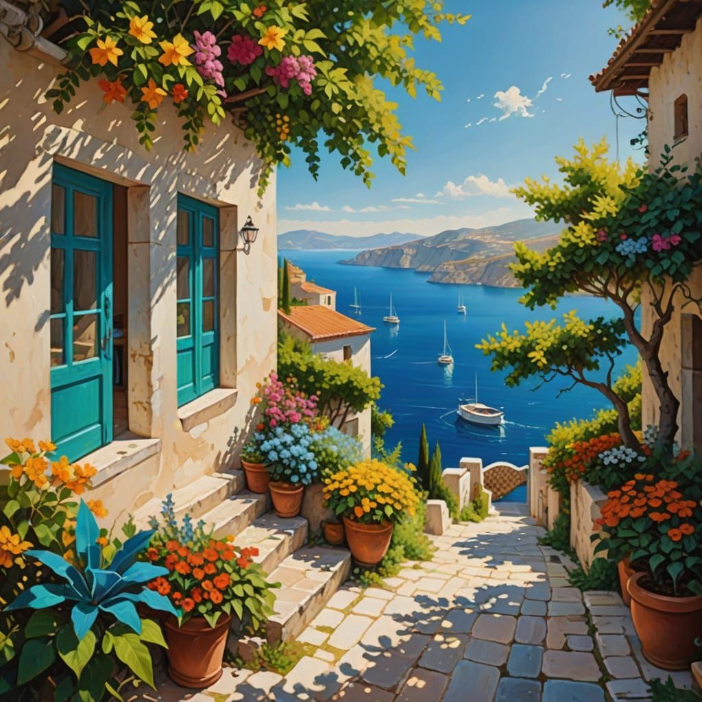 Serenely Captured Greek Village Paradise in Vibrant Oil Pain...