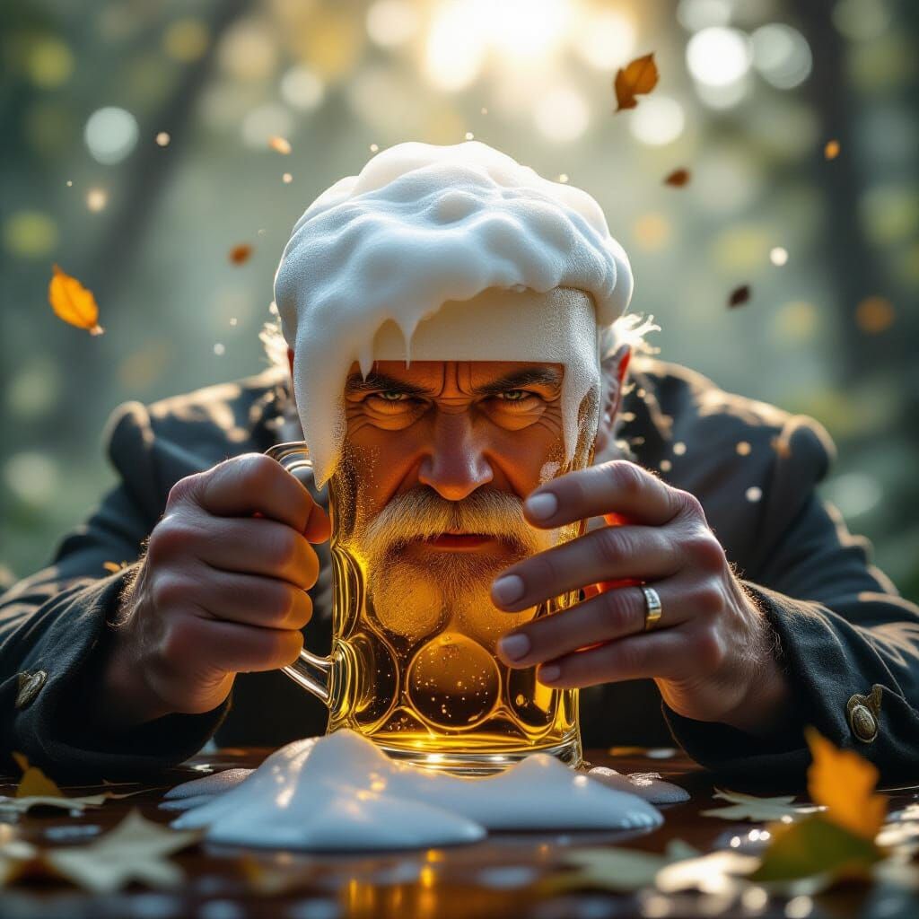 beer with foam gleaming with an ethereal light, his expression a mix of determination and sorrow. The foam is ancient an...