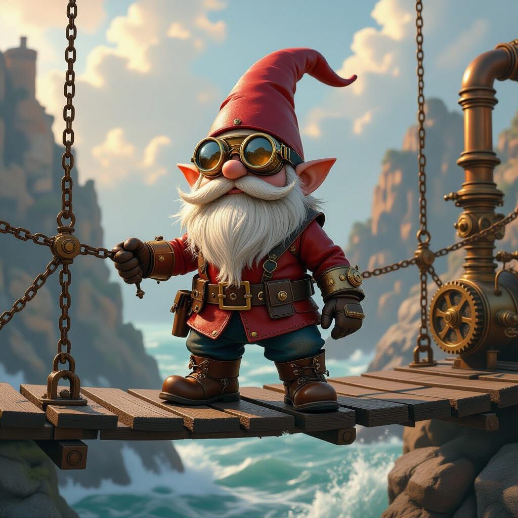Steampunk Gnome Guarding Bridge in Dramatic Lighting