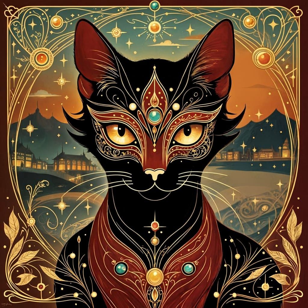 Elegant Black Cat in Jeweled Mask, Art Nouveau Style