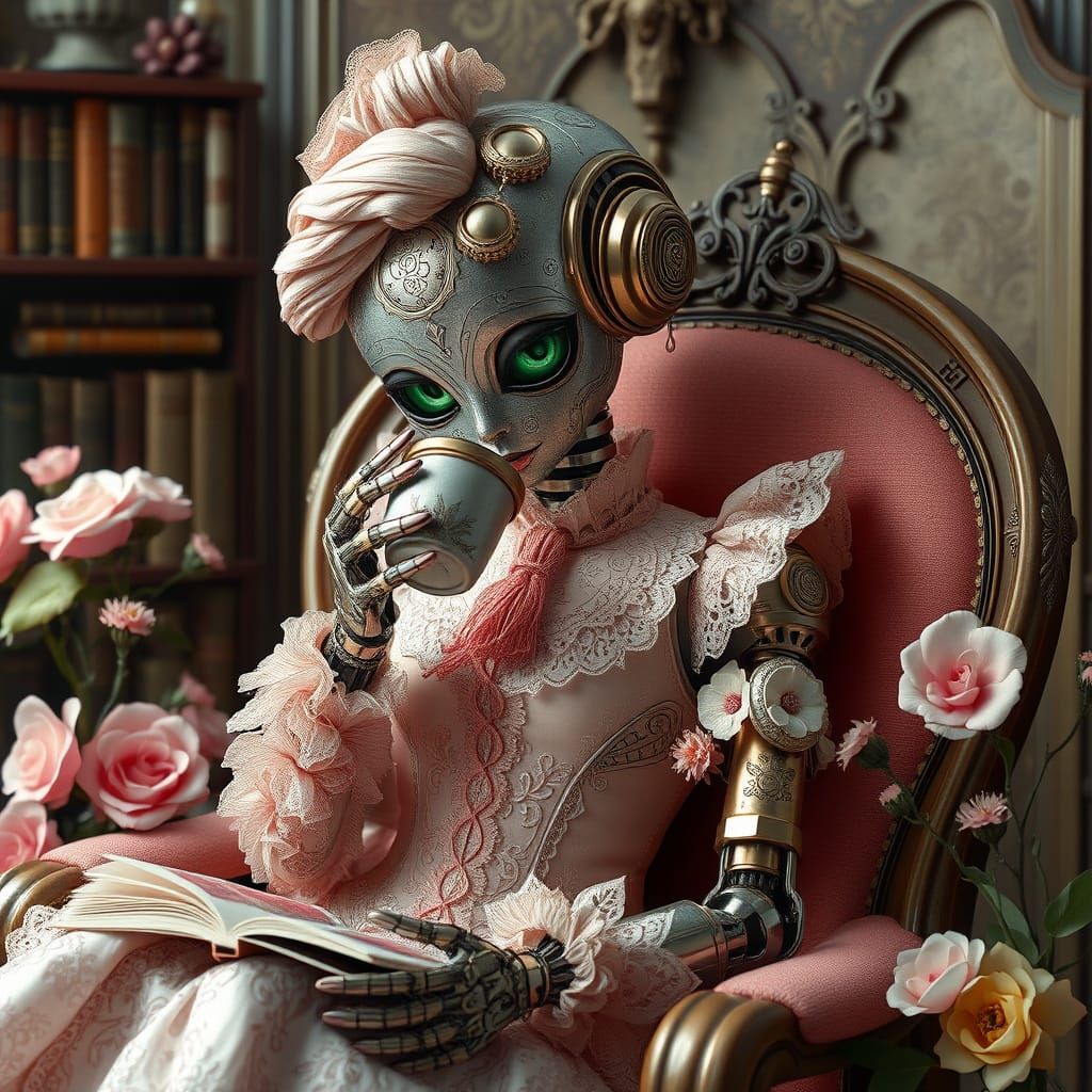 Steampunk Robot Sipping Tea Surrounded by Flowers