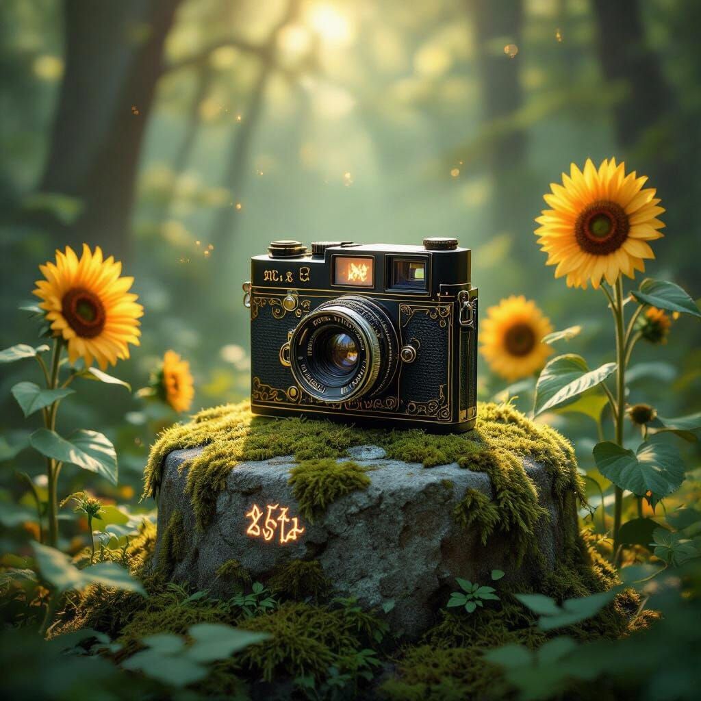 Ornate Camera on Pedestal in Sunlit Forest