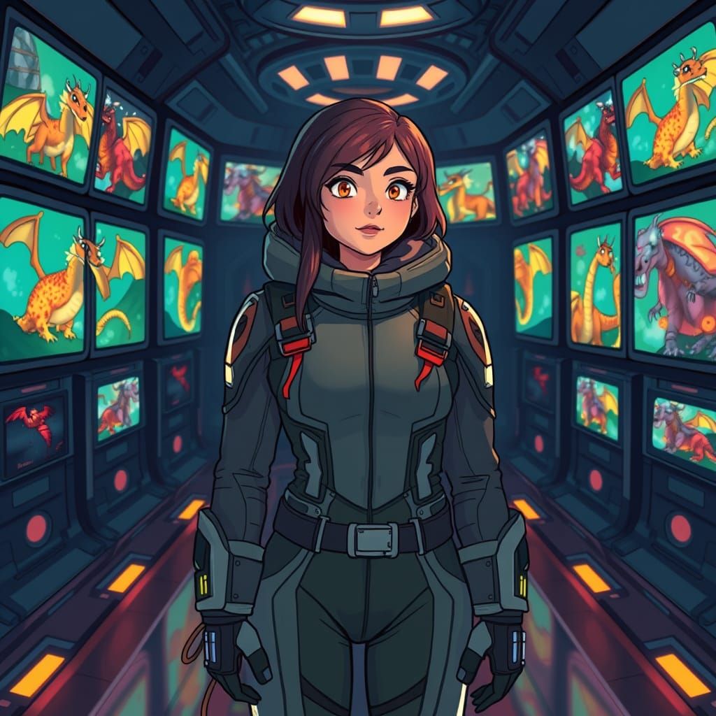Futuristic Rachel in Cartoon Dragon Chamber