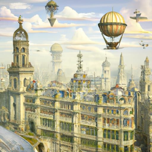 Victorian City with Airships in Art Nouveau Style