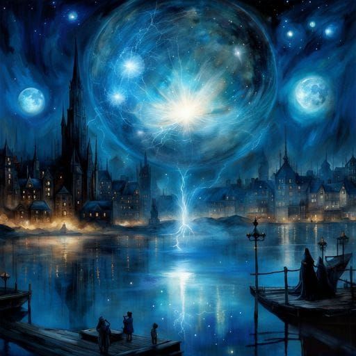 Exploding Starry Orb Above Cyberpunk Cityscape