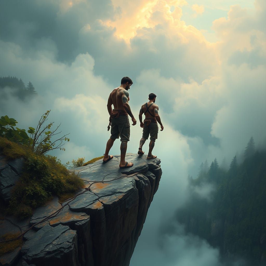 Muscled Brothers Stand at Cliff Edge, Tattoos and Anticipati...