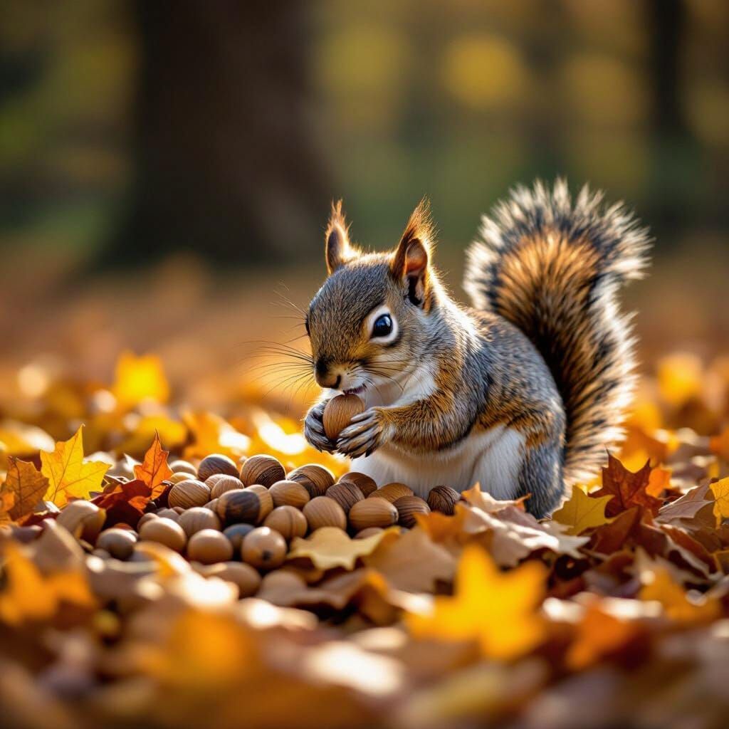 Squirrel Burying Acorns in Autumn Leaves - HDR Photo