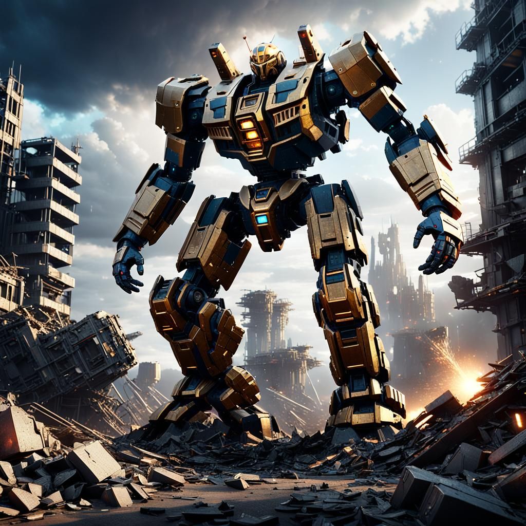 Victorious Sci-Fi Mech in Cinematic Battle Scene