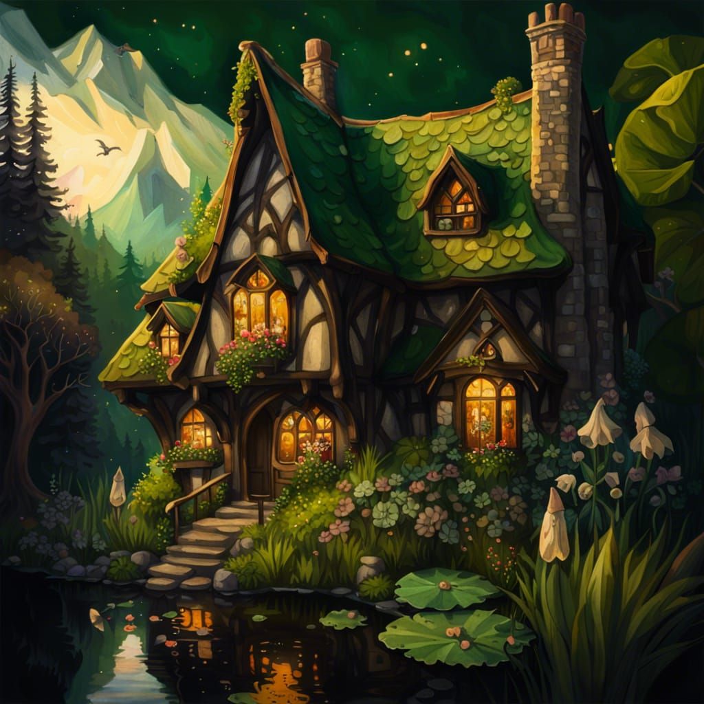 Gothic Cottagecore Inn Near Lush Forest, Watercolor