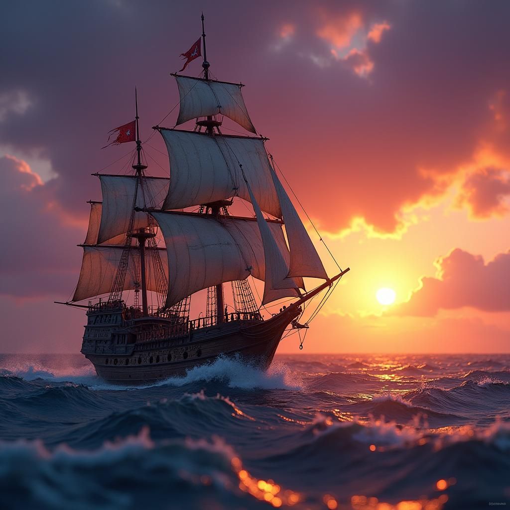 Pirate Ship at Sunrise in Dark Fantasy Style
