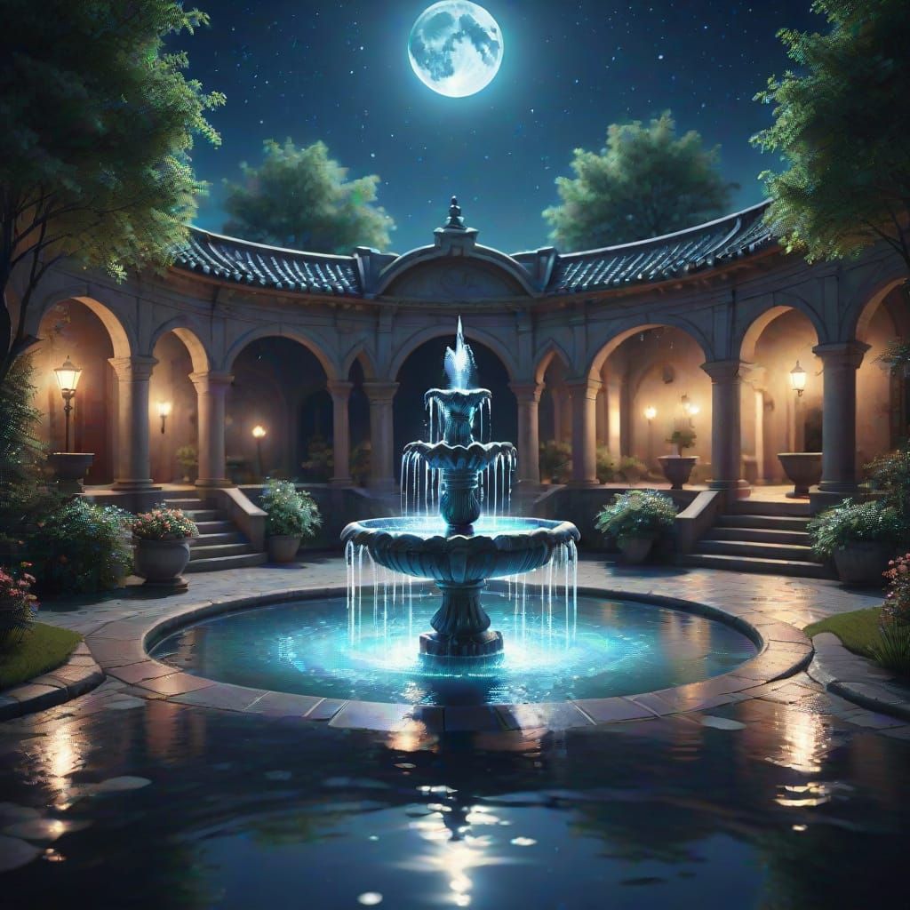 Moonlit Fountain Reflecting Night Sky in Digital Art