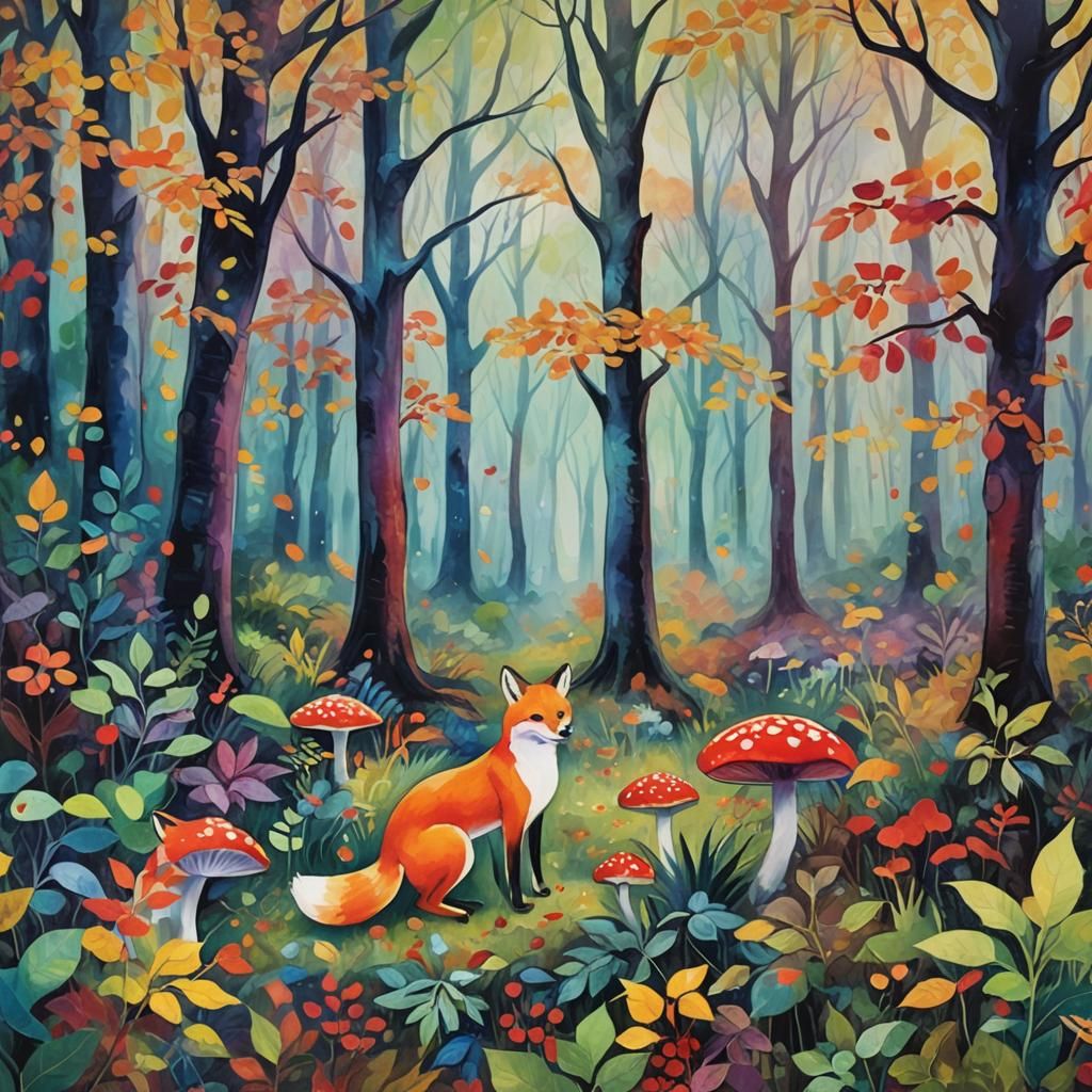 Kitsune in Whispering Woods: A Fauvist Dreamscape