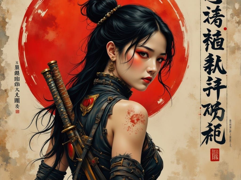 Cyberpunk Warrior in Japanese-Inspired Sumi Nouveau Style