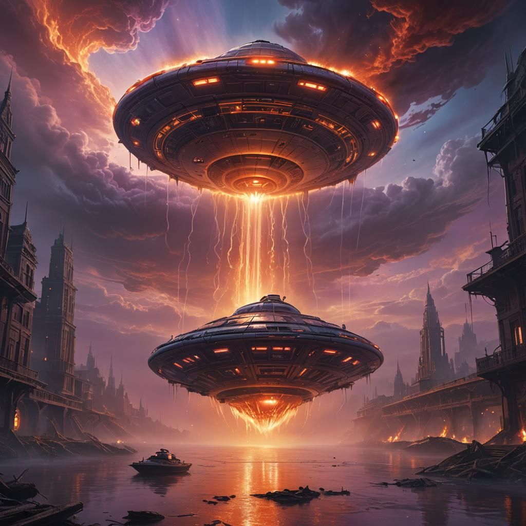 UFO over Burning River in Dystopian Art Nouveau