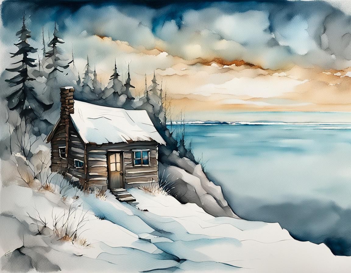 Cabin on Snowy Cliff in Expressionist Landscape