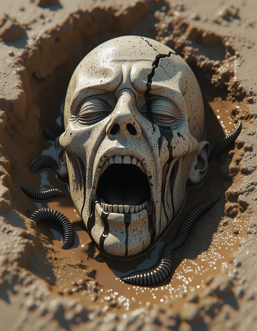 Surreal Melting Figure Sinking in Mud