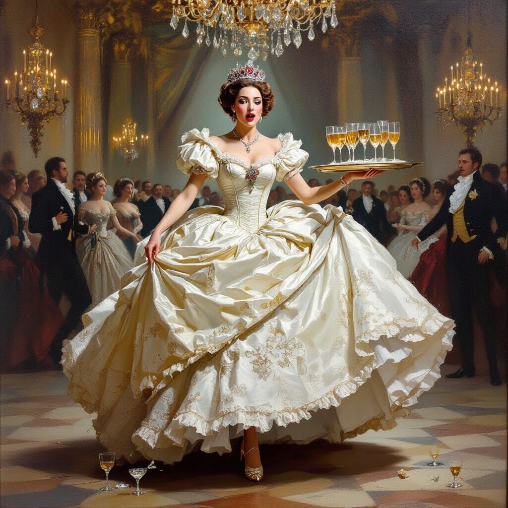 Regal Queen's Ballroom Mishap Captured in Baroque Oil Painti...