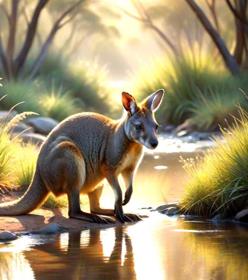Wallaby Drinking at Dawn in Australian Bush