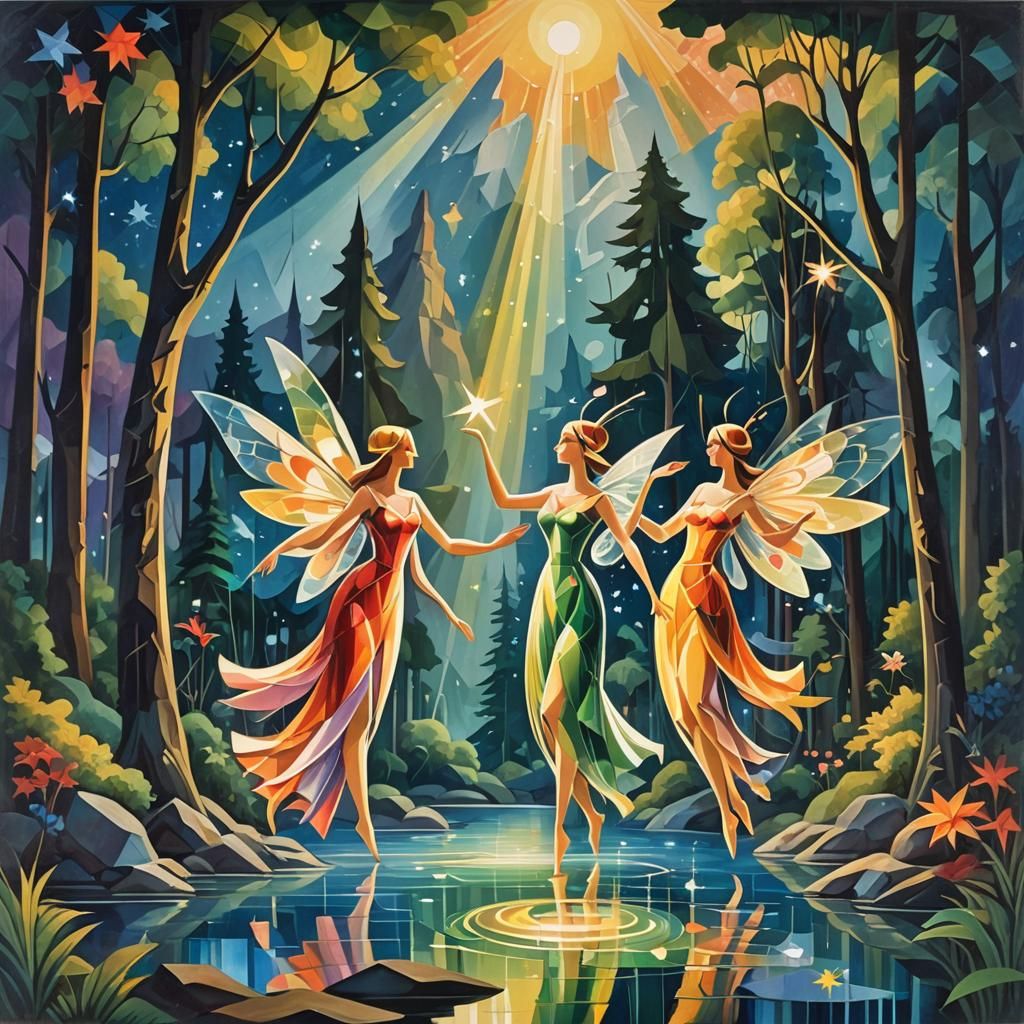 Dancing Fairies in Magical Forest, Abstract Cubism