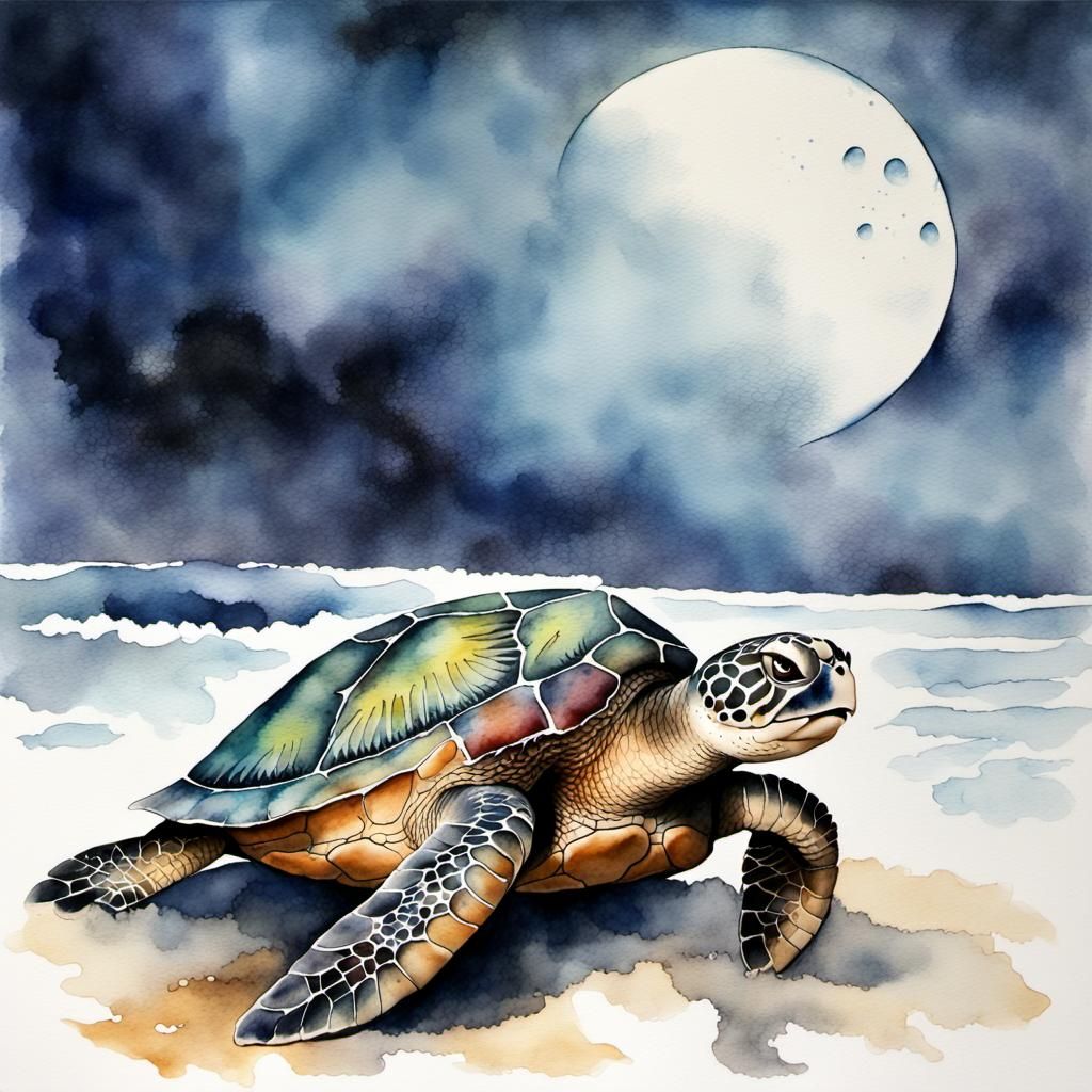 Watercolor Sea Turtle in Stormy Oceanscape