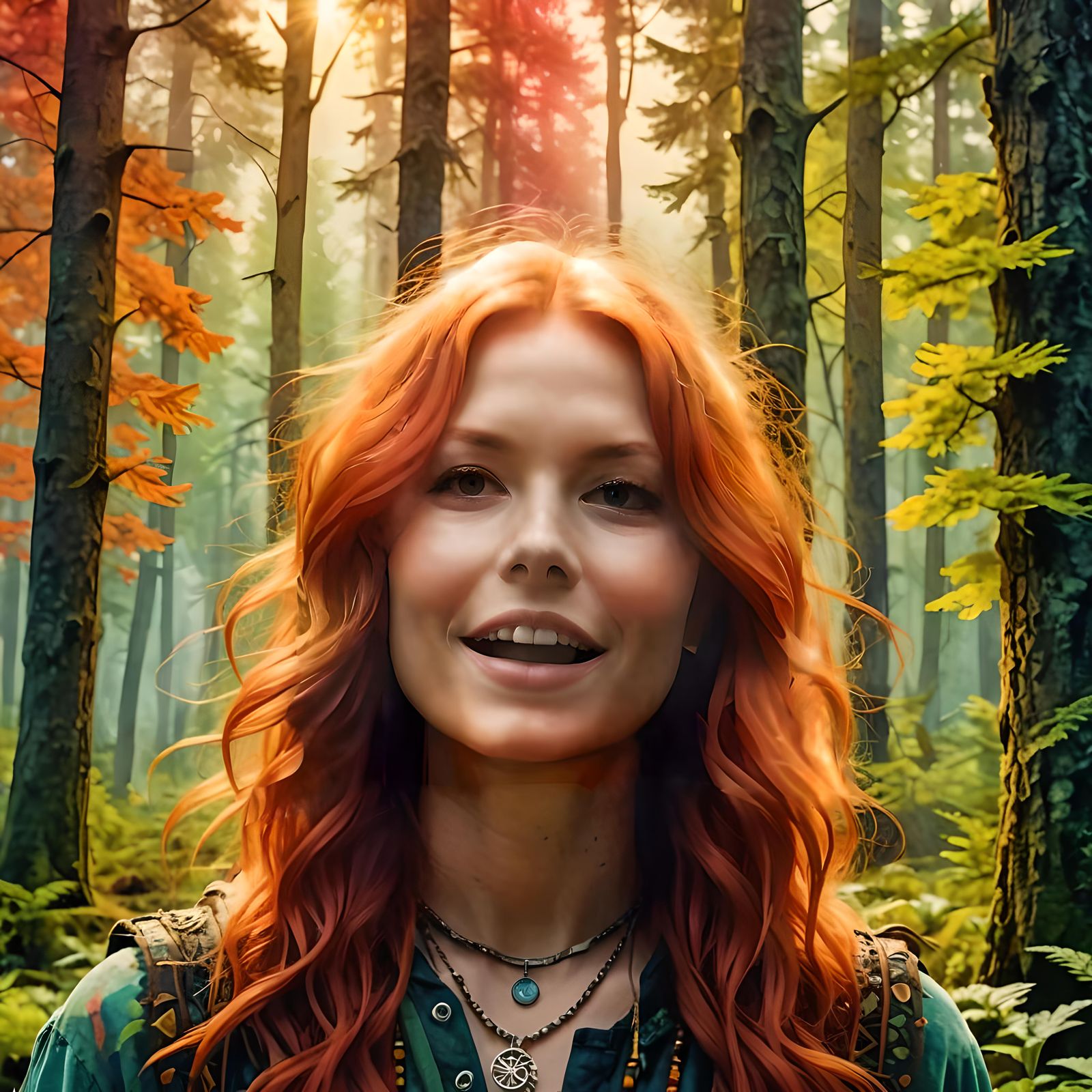 Red-Haired Singer in Fantasy Forest, Digital Watercolor