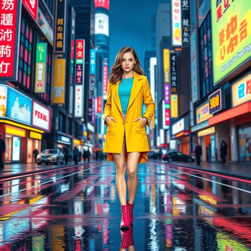 Confident Woman in Tokyo Streets at Night, Cyberpunk Aesthet...