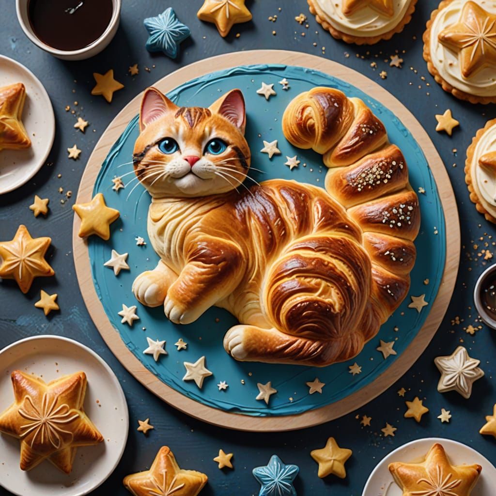 Charming Cat-Shaped Croissant Pastry in Warm Kitchen Setting