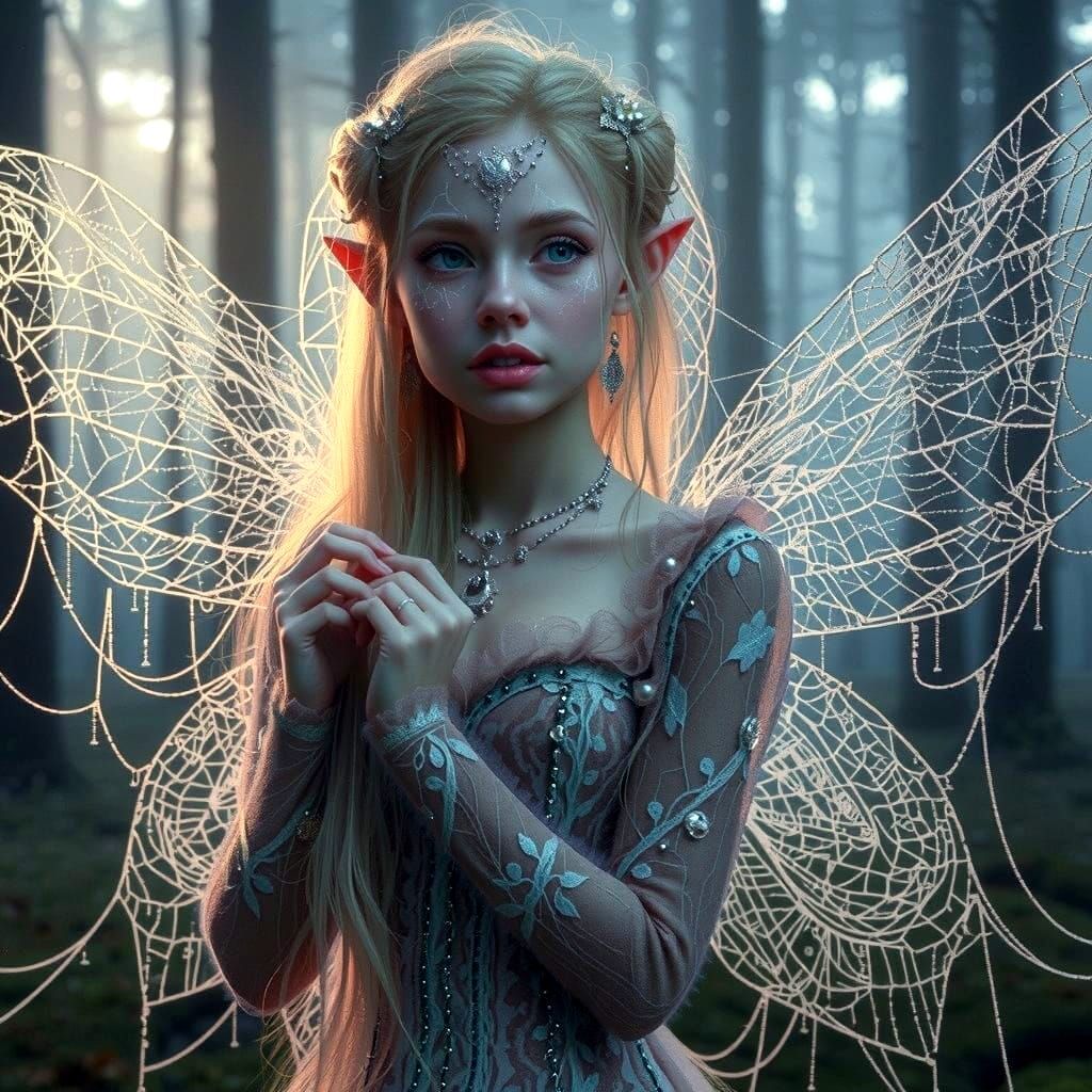 Whimsical Fairy Amidst Delicate Spiderweb