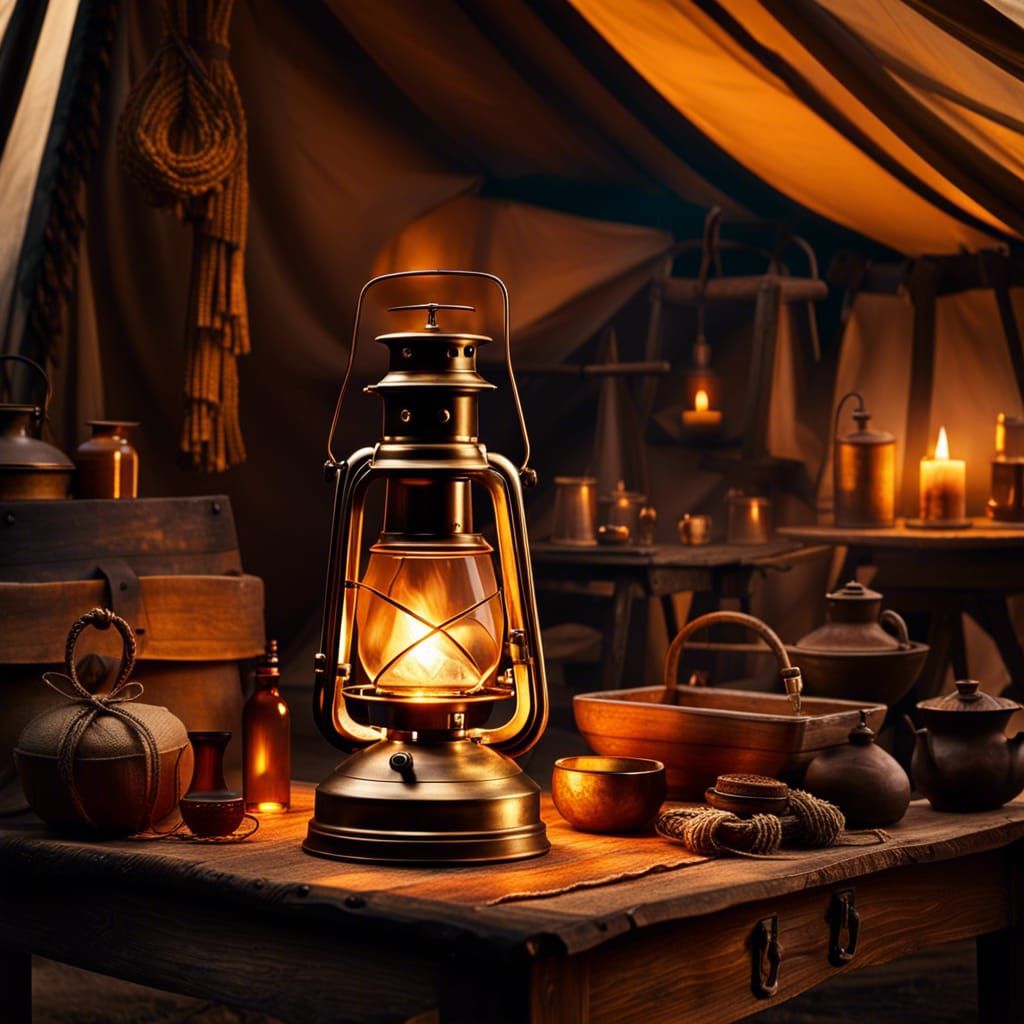 Rustic Oil Lamp in Canvas Tent: Warm Lighting