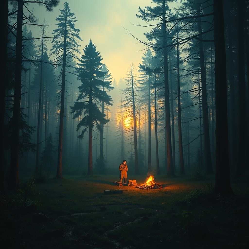 Mystical Forest Campfire at Dawn