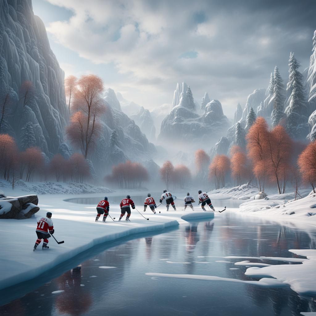 Beavers Play Ice Hockey in Winter River Landscape