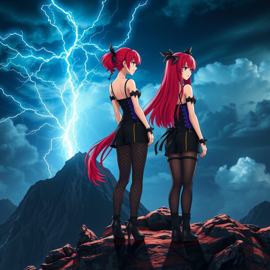 Anime Ladies on Summit in Lightning Storm