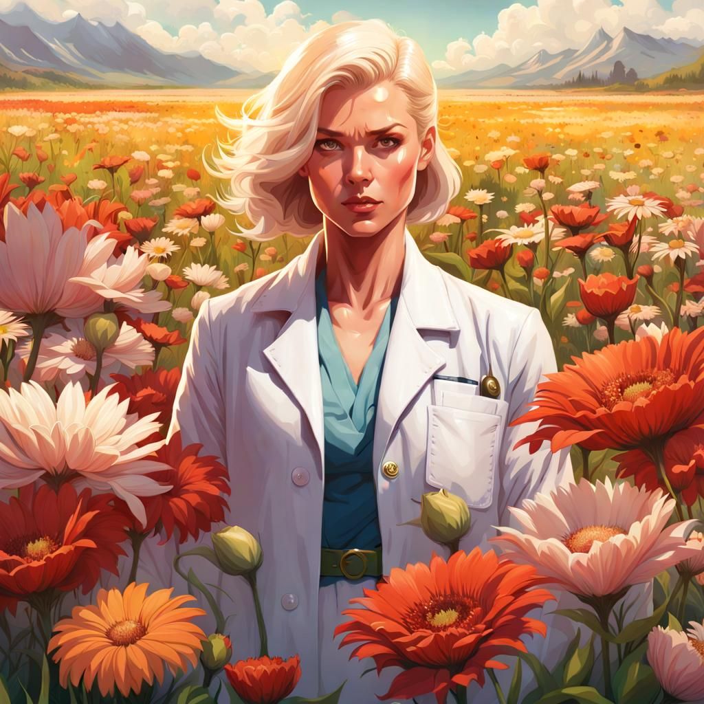 Woman in Lab Coat Amidst Flowers: Digital Art