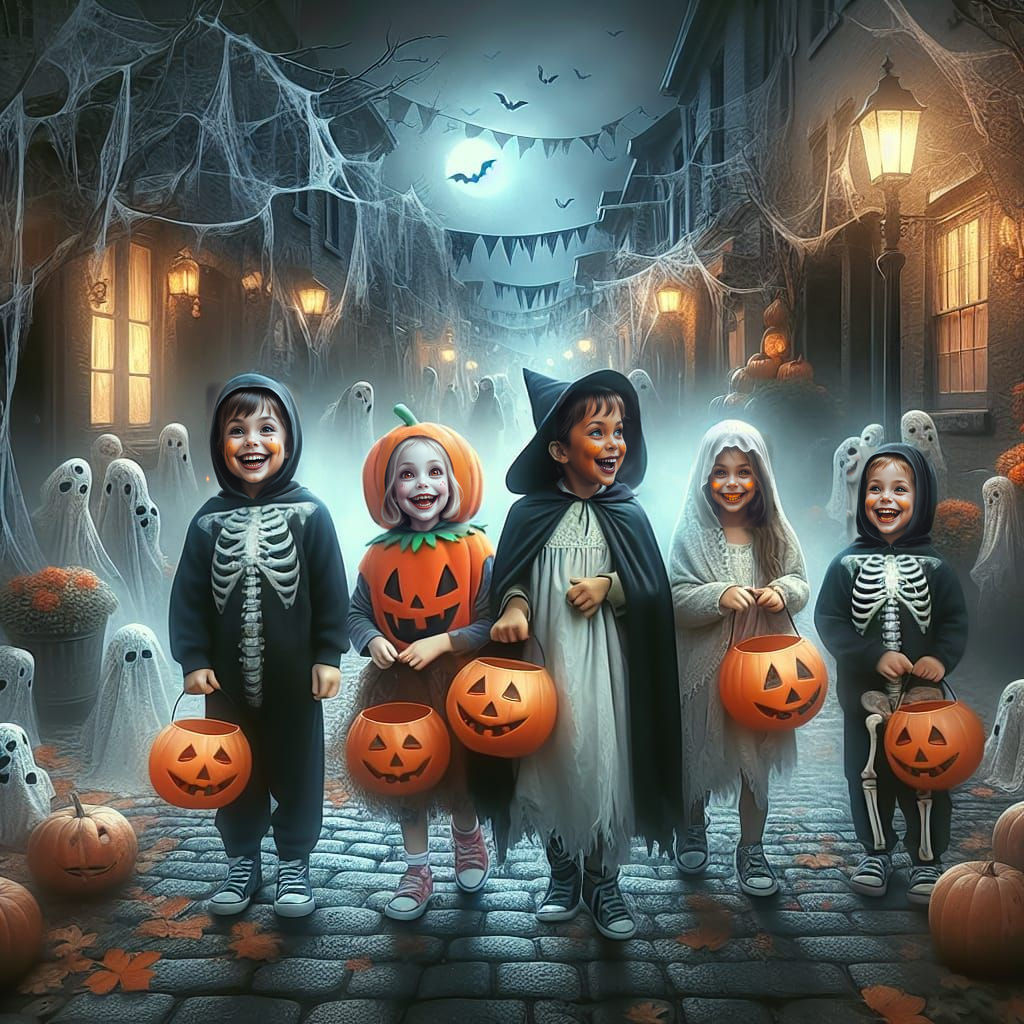 Children in Halloween Costumes Giggle on Decorated Street