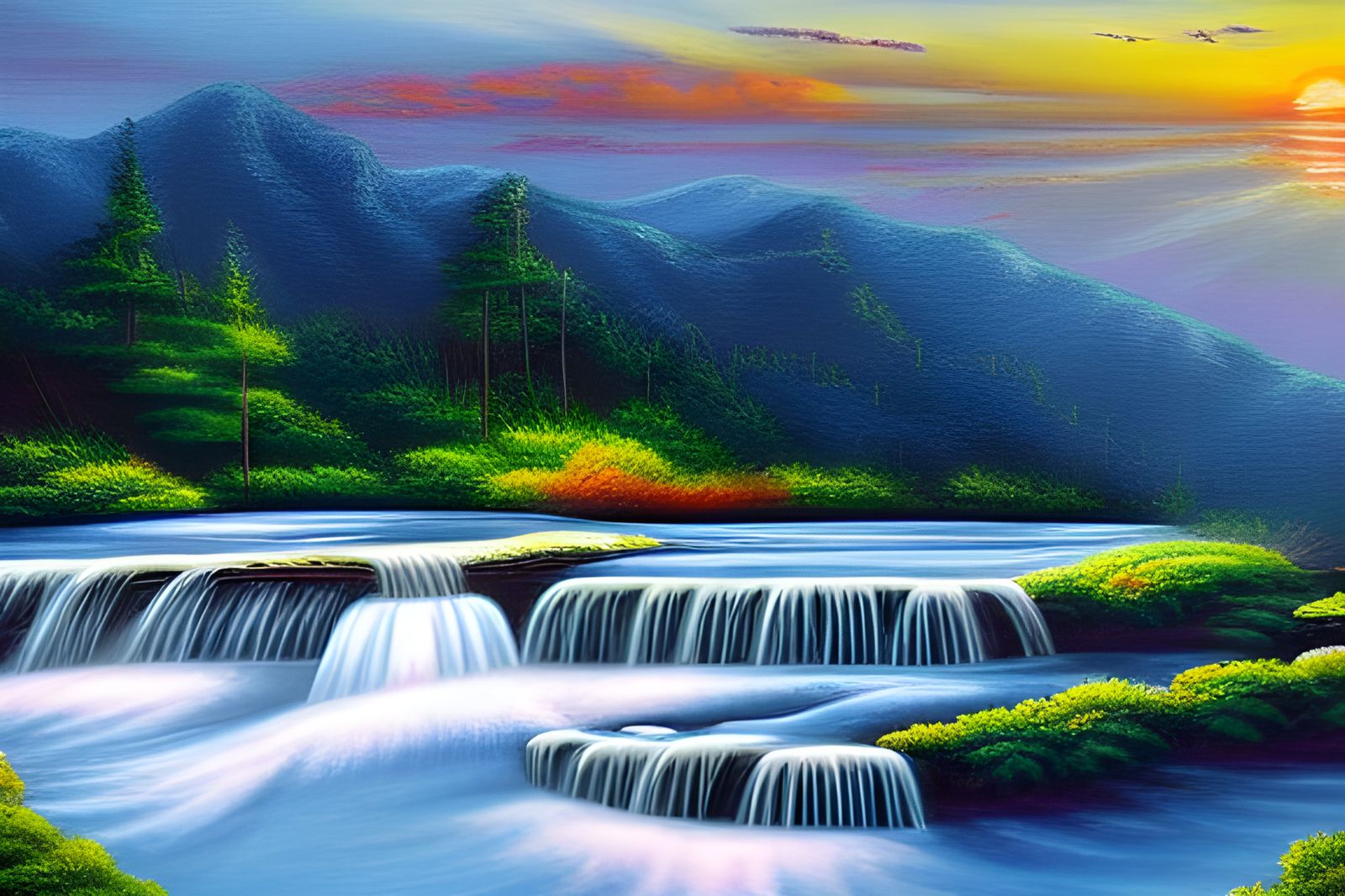 Sunset Waterfall in Detailed Painting Style