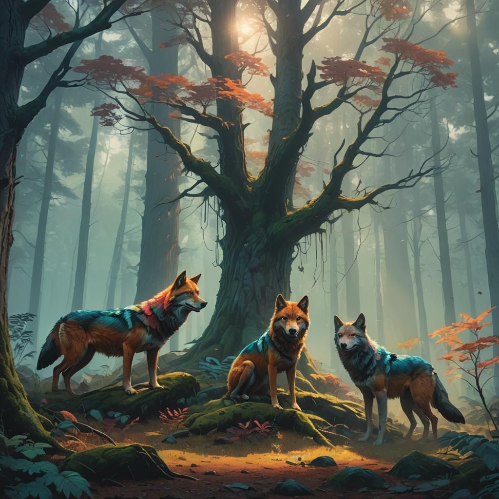 Rainbow Wolves Gather in Misty Forest: Digital Matte Paintin...