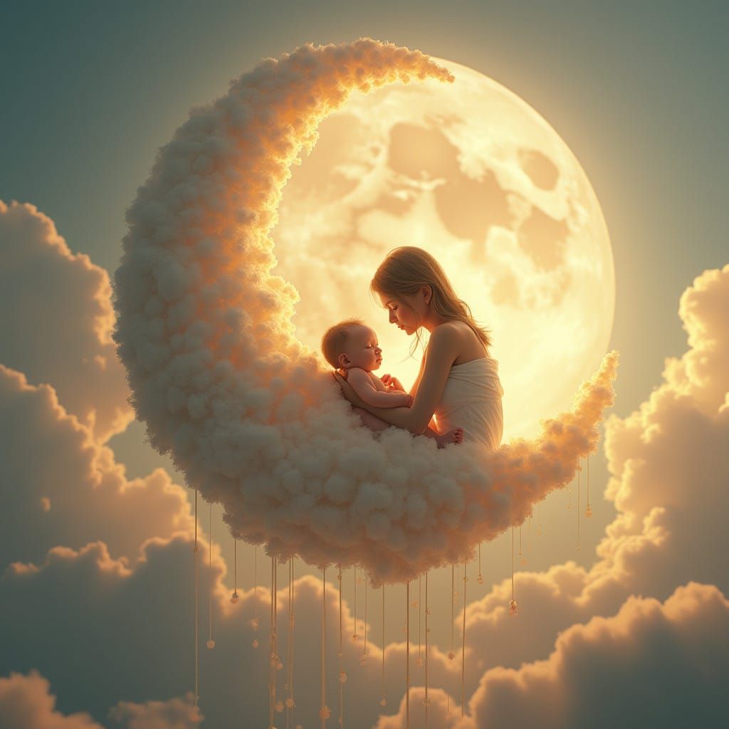 Maternal Serenity in a Dreamy, Ethereal Moonlit Scene