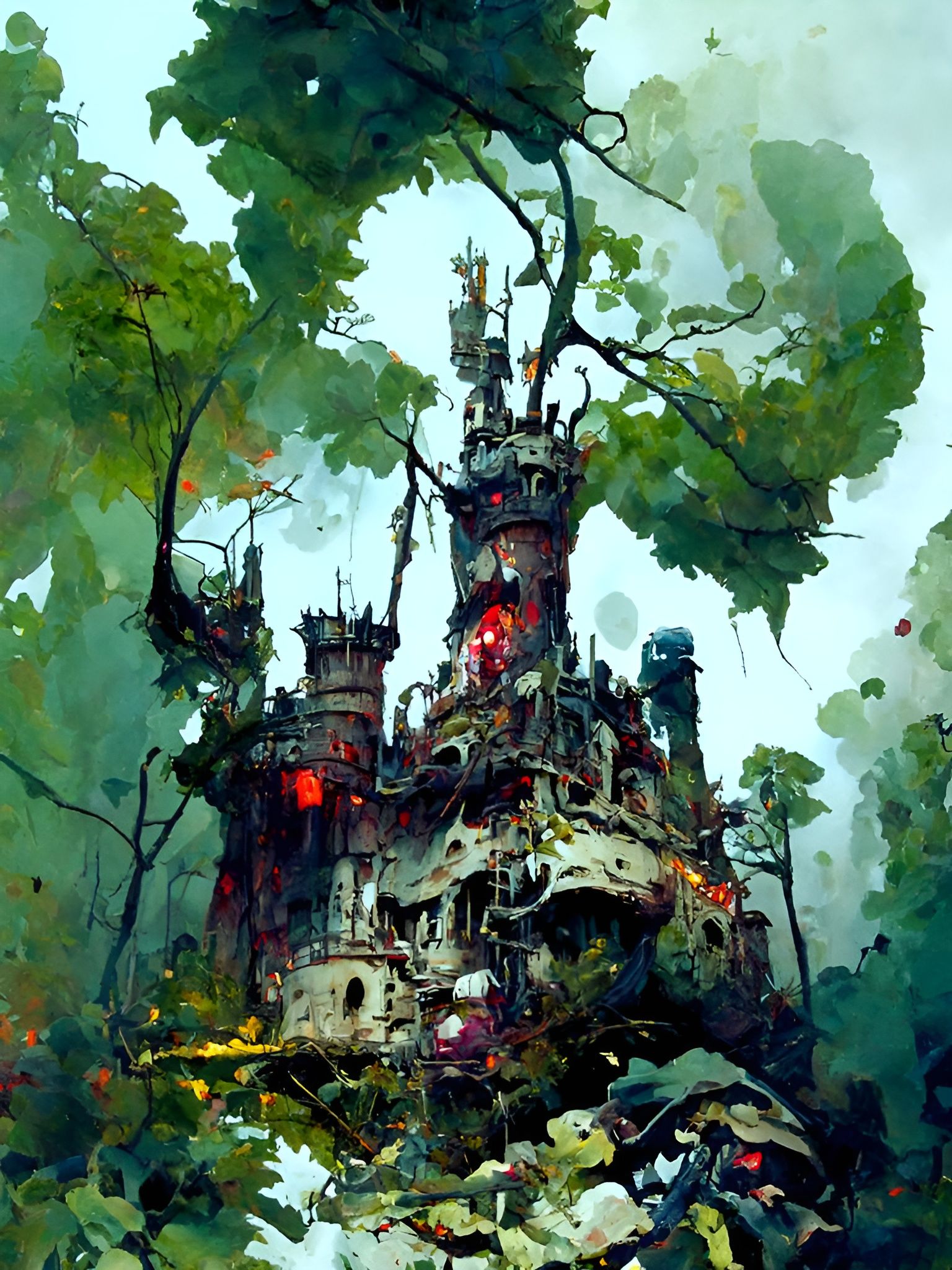 Derelict Castle in Sinister Forest, Watercolor Masterpiece
