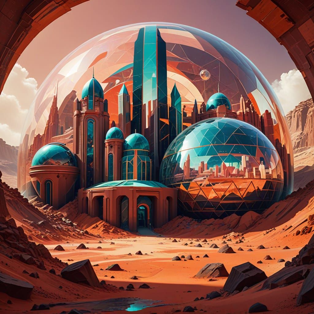 Futuristic Cities Inside Glass Domes on Mars, Neo-Cubism Sty...