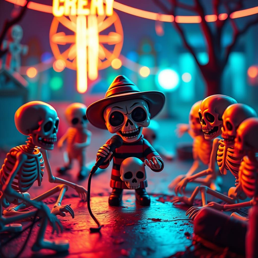 Kawaii Freddy's Karaoke Graveyard in Hyperrealistic Style