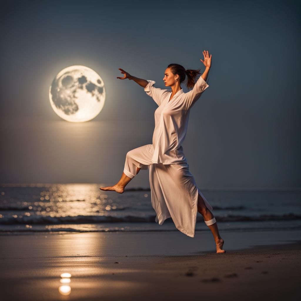 Woman Practicing Tai Chi on Beach at Moonrise