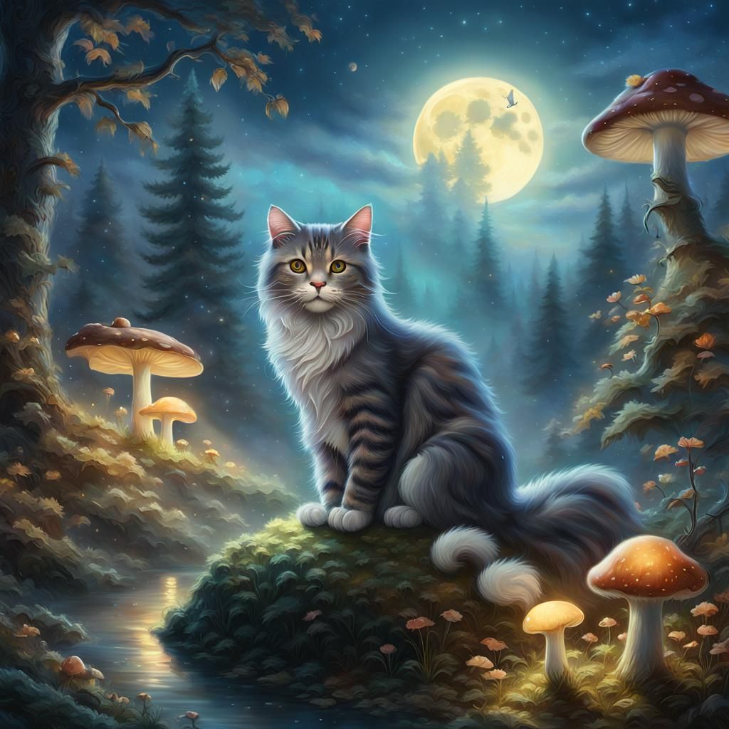 Mystical Moonlit Cat in Enchanted Forest