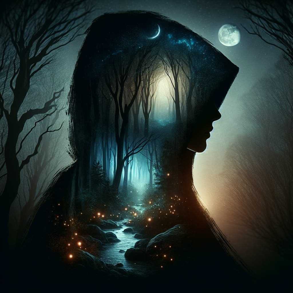 Hooded Figure Reveals Forest Landscape in Double Exposure