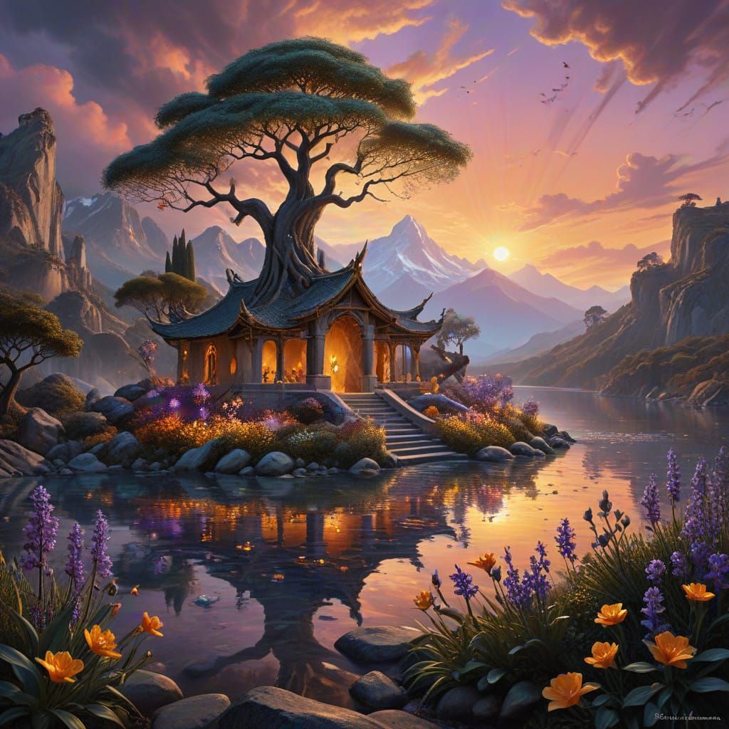 A tranquil temple bathed in lavender light as the sun sets. Vanilla beans and tonka pods are arranged in intricate patte...